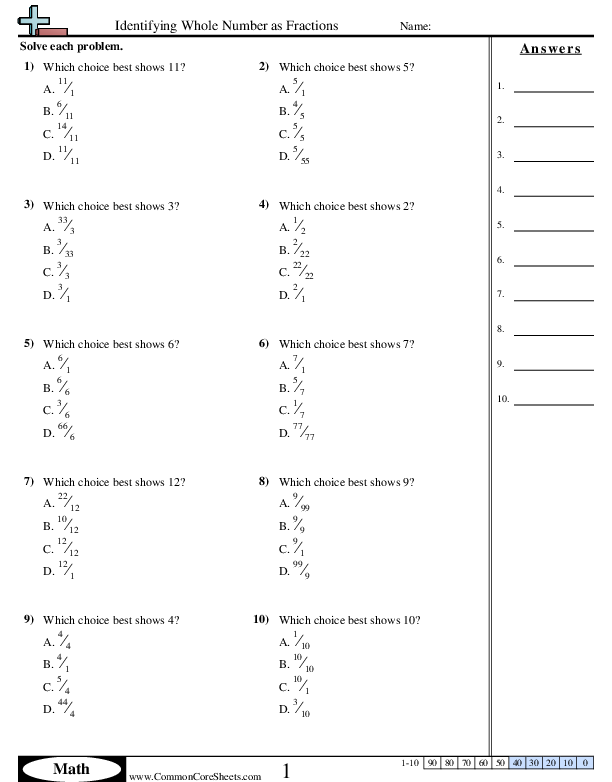 Fraction Worksheets - Identifying Whole Number as Fractions worksheet